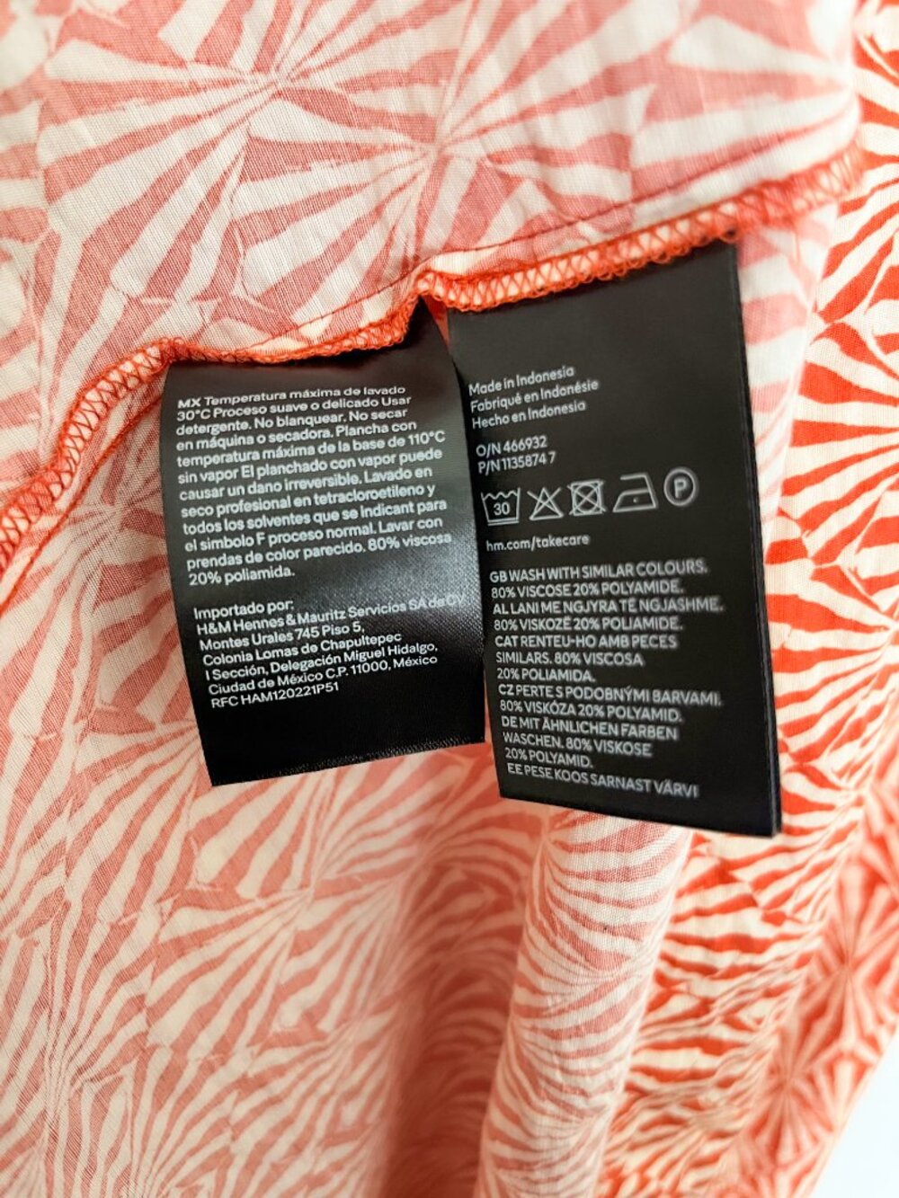 H&M Orange Print A-Line Mini Dress XXL Balloon Sleeve V-Neck Loose Fit - Picture 7 of 7
